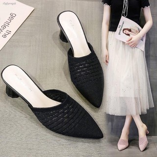 Low price◆❡Baotou half slippers female outer wear Korean knit mesh dressing shoes black pointed thic (2)