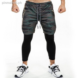 ┋∈Running Shorts Mens Leggings and 2 in 1 Double layer Gym Fitness Sports with Pocket