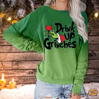 sweatshirt women hoodie Green Letter Print Long Sleeve Festival Sweatshirt Women Christmas Drink Up Grinches Printed Top