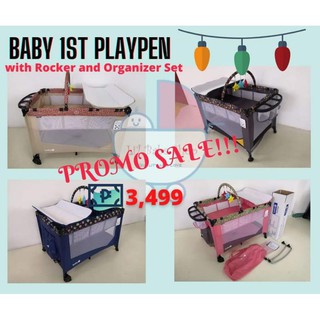 Baby 1st Playpen Crib with Rocker, Mosquito Net, Diaper Changer, Double Decker and Organizer Set