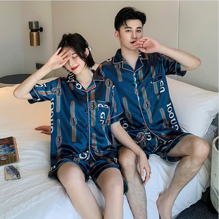 (COD)Ready stock Sleepwear for women and men Short Sleeve cardigan Summer Simulated Silk stain pajama couple pajamas (8)