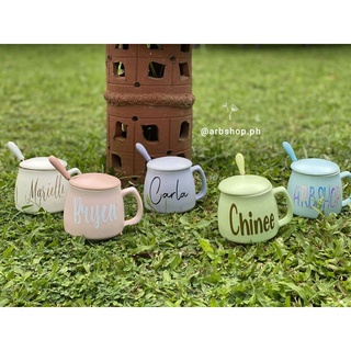 CERAMIC CANDY COLOR MUG SET WITH SPOON, COVER, PERSONALIZED NAME, AND GIFT PACK