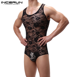 INCERUN Men Lace See-through Floral Sleeveless Crew Neck Slim Fit Jumpsuit