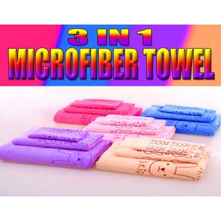 COD☑️3in1 Microfiber Cartoon Print Water Absorbent Towel Set Bath Towel