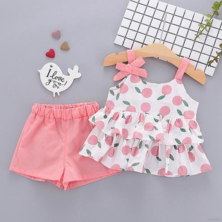 MyBaby Summer Baby Girls Cotton Fruit Pattern Strap Sleeveless Tops Vest+Shorts Kids Casual Suit
