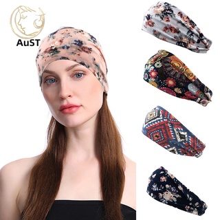 austfs_Floral Print Breathable Sweat Absorbent Elastic Headband Sports Yoga Hair Band