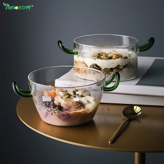 Y4-Creative Glass Salad Bowl Clear Glass Bowl Salad Bowl with Handle Heat-Resistant Binaural Glass Bowl Elegant Fruit Dessert Bowl for Home
