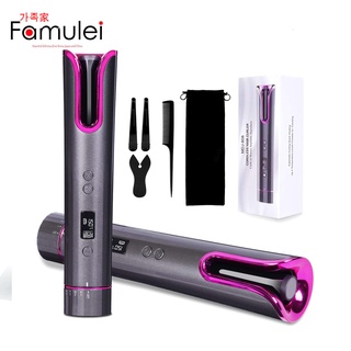 Famulei Cordless USB Automatic Hair Curler, Wireless Hair Curling Iron with LCD Temperature Display