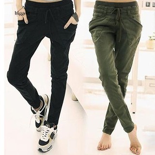 ☆BIG☆Women's Loose Casual Solid Color Pockets Drawstring Waist Trousers Harem Pants