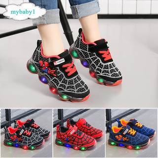MYBABY Children Girl Boy Spiderman Image LED Cartoon Print Kids Shoes Glow Casual Cortex Sole Lace-Up Sports Sneakers Size 21-30