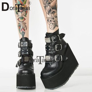 Shoes Woman Wedges Ankle-Boots High-Platform-Boots DORATASIA Metal-Buckle Punk High-Heels