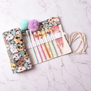 WEIJIAO Cat Canvas Bag Holder Wrap Roll Up Stationery Pen Brushes Pencil Case Pouch