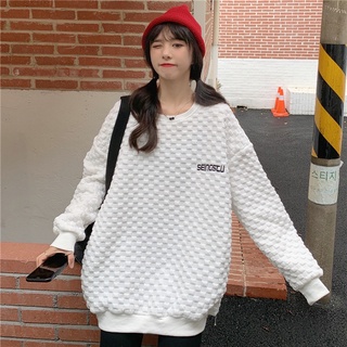 Korean Autumn Winter Unisex Embroidery Waffle Sweatshirt Loose Oversize Long Sleeve Couple Sweater