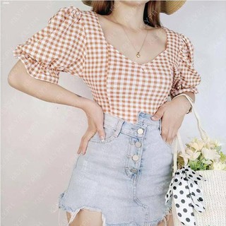 New products♤❂Kily.PH Gingham Puff Sleeve Crop Top Oversized Square Neck Tops 6A0110
