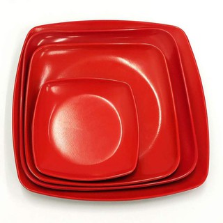 【KH】Square Melamine Dinning Plates Dishes Restaurant Black Red Plastic Dishware
