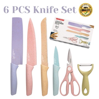 KNIFE SET 6 IN 1 Knife Pastel Colors Stainless Steel Chef Knife Bread Knife Cleaver Scissors Kitchen (2)