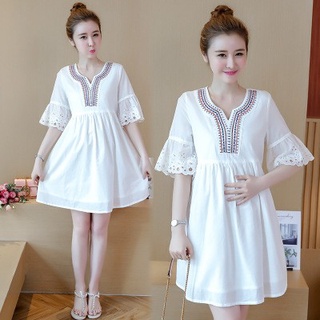 Maternity Dress Cotton Linen Embroidery Short Sleeve Loose Pregnant Wear
