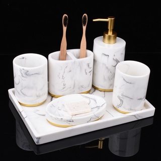 5 Pieces Bath Ensemble, Marble Pattern Soap Dispenser Pump