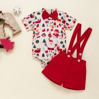 Christmas Suit Infant Bow Short Sleeve Polo Romper + Brace Shorts Set Newborn Baby Girl Boy Clothes
