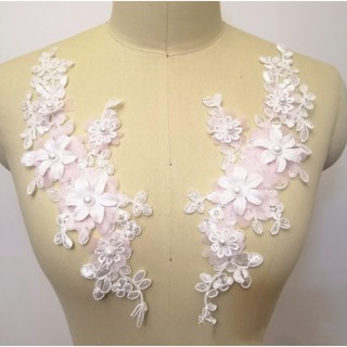 1 Pair 3D Trims Motif Embroidery Lace Flower Pearl Bridal Applique Tulle DIY Wedding Dress 3 Flower