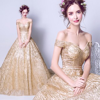 Golden Bling Off Shoulder Bridal Wedding Dress Evening Dress