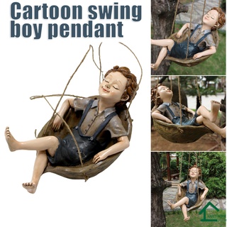 Cartoon Swing Boy Statue Resin Painted Crafts Outdoor Landscape Hanging Ornament for Home Garden Courtyard Decoration