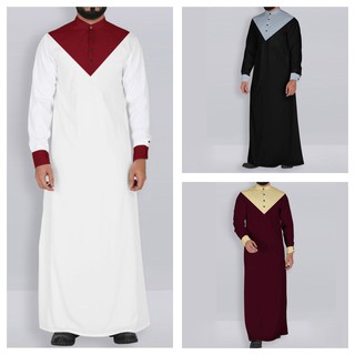 Men Vintage Islamic Muslim Kaftan Stand Collar Robes Jubba Thobe Retro Long Sleeve Color-block Men Clothing