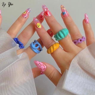 Fashion Creative Color Geometric Ring Personality Hollow Macarons Candy Colors Rings Women Jewelry Gift