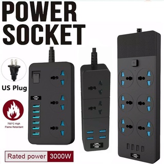【Ready Stock】☞◐◎US Plug 3000W Power Strip with USB Ports Jacks Surge Protector Universal Socket Exte