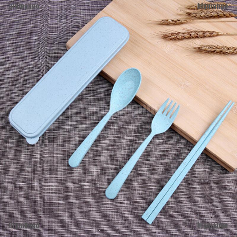 BMPH 3PCs tableware cutlery wheat straw spoon fork chopsticks tableware tool (4)