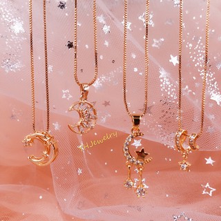 【YH】18k rose gold plated crystal star and moon pendant necklace Accessories for women