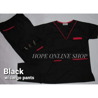♀scrub suit set black w/ red piping (cargo pants)✵