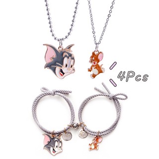 2Pairs Anime Couple Bracelet Couple Necklace Tom and Jerry Cartoon Jewelry Cute Creative Pendant Bangles for Baby Friend Surprise Gifts Ferfect