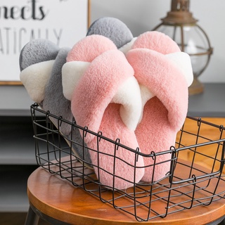 New Japanese style rabbit fur cross-open slippers for men and women