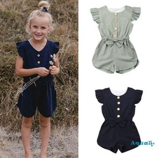 【Ready Stock】●AQQ-Toddler Baby Girl´s Solid Color Jumpsuit Ruffle Sleeve Button Down Bow Romper Play