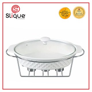 SLIQUE Ceramic Oval Serving Dish w/ Glass Lid and Metal Stand w/ Tealight Candle Holder 1L