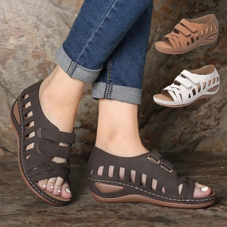 Women's Wedge Leather Sandals Fashion Hollow Velcro Large Size Breathable Anti slip Sandals
