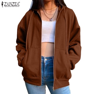 ZANZEA Women Casual Hooded Long Sleeve Zip Sweatshirt Jacket Hoodies