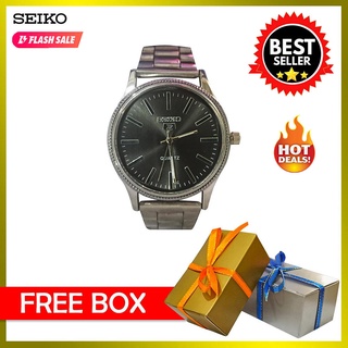 Seiko 5 Quartz Silver Black Dial Stainless Steel Watch for Men (Free Box) tzAl