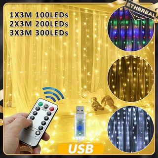 LED Window Curtain String Lights Remote Control USB Fairy Light Party Room New Year Christmas Decor