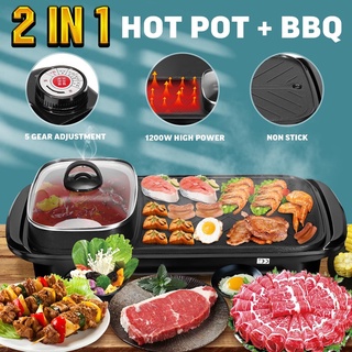 Electric Hot Pot Grill Electric Barbecue Grill Indoor 2 in 1 Large Capacity Mult