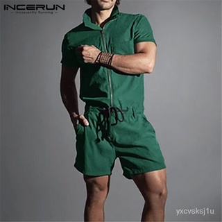 (Western Style) INCERUN Vintage Mens Cargo Jumpsuit Short Sleeve Shirt Pants Workout Shorts Rompers