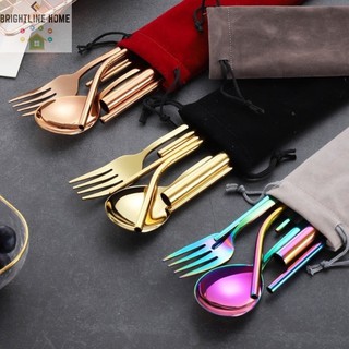 High Quality 8 in 1 304 Stainless Steel Straw Tableware Spoon Fork Chopstick Set with Pouch