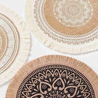 1Pc Nordic Moroccan Woven Tassels Creative Jute Placemats with Fringe Pattern Coaster Home Linen Cloth Bowls and Plates Cotton and Linen Thick Heat Insulation Ins Style Tablecloths