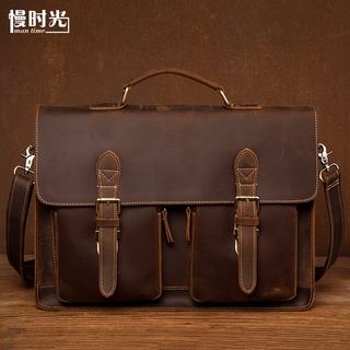 Retro Handmade Crazy Horse Leather Handbag Large Capacity Briefcase Men 'S Business Casual Leather Shoulder Bag