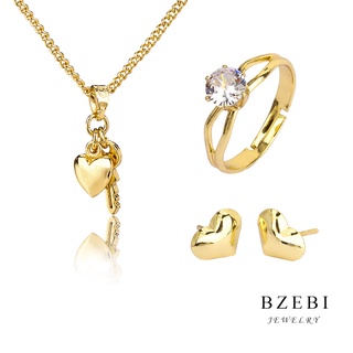 BZEBI 18k Gold Heart Key Necklace Earring Adjustable Ring 3in1 Jewelry Set for Women Birthday Gift With Box 248s