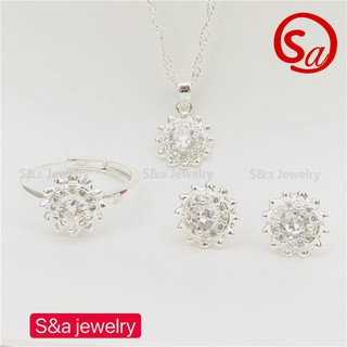 925 Silver 3in1 Pendant Necklace Stud Earrings Adjustable Ring Set for Women set-17 (1)