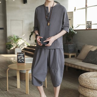 ┋✟♤Retro linen suit men's Chinese style loose short sleeve V-neck large size cropped pants two-piece