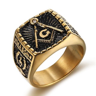 SeuSuk Vintage Men Fashion Masonic Quality Diamond Gold Punk Biker Ring Jewelry