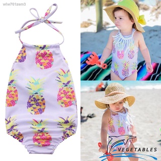 ZHY-Baby Girls Summer Sleeveless Swimsuit Off Shoulder Pineapple Print Halter Lace-up Swimwear Kids